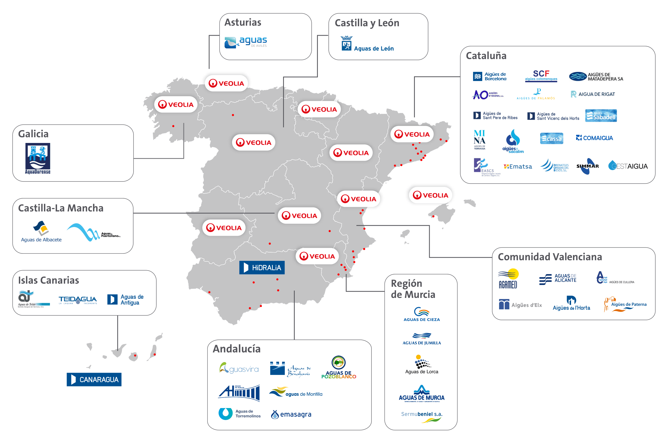 Mapa de España con la presencia territorial de Veolia